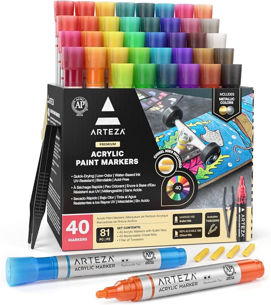 ARTEZA Acrylic Paint Markers, Set of 40 Acrylic Paint Pens in Assorted Colors, Art Markers for Gl... | Amazon (US)