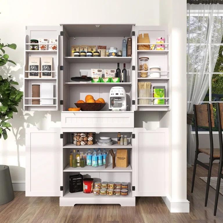 Asofer 71" Pantry Cabinet with 4 Door & 12 Shelves, Kitchen Storage Cabinet for Dining Room, Whit... | Walmart (US)