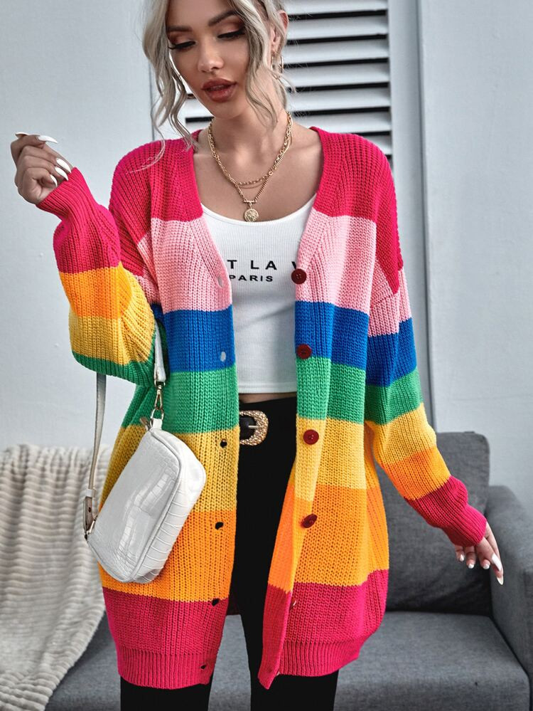 Button Front Drop Shoulder Rainbow Stripe Cardigan | SHEIN