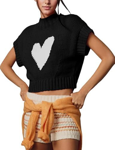 Womens Sweater Vest Mock Neck Cap Sleeve Sweater Tank Tops Cute Heart Knit Cropped Pullover Top | Amazon (US)