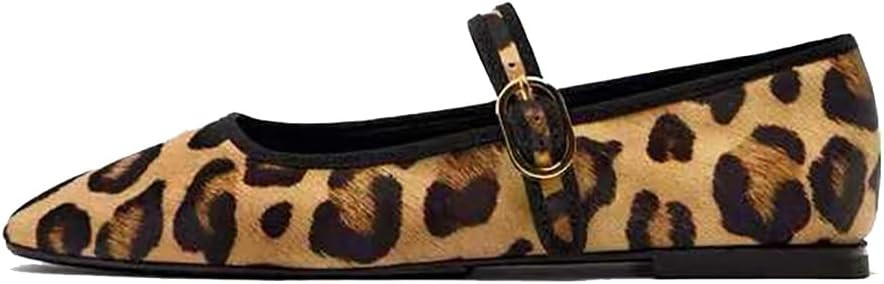 Women's Leopard Print Mary Jane Flats Square Toe Bow Tie Ballet Flats for Women Buckle Strap Comf... | Amazon (US)