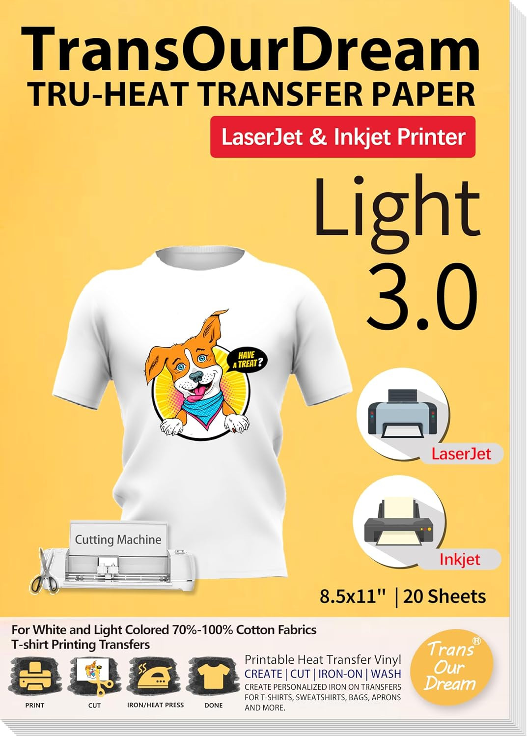 TransOurDream Tru-Heat Transfer Paper for Inkjet & LaserJet Printer (20 Sheets 8.5x11, 3.0) Printable HTV Heat Transfer Vinyl for T Shirts Iron on Transfers for Light Fabrics (TRANS-L3-1-20) | Amazon (US)