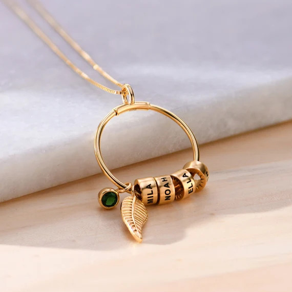 Personalized Mothers Day Gifts-Custom Circle Pendant Necklace Leaf Custom Engraved Beads Charms G... | Etsy (US)