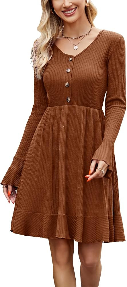 ULTRANICE Women 2023 Fall Dresses Long Sleeve Buttons V Neck Wrap Casual Dress | Amazon (US)