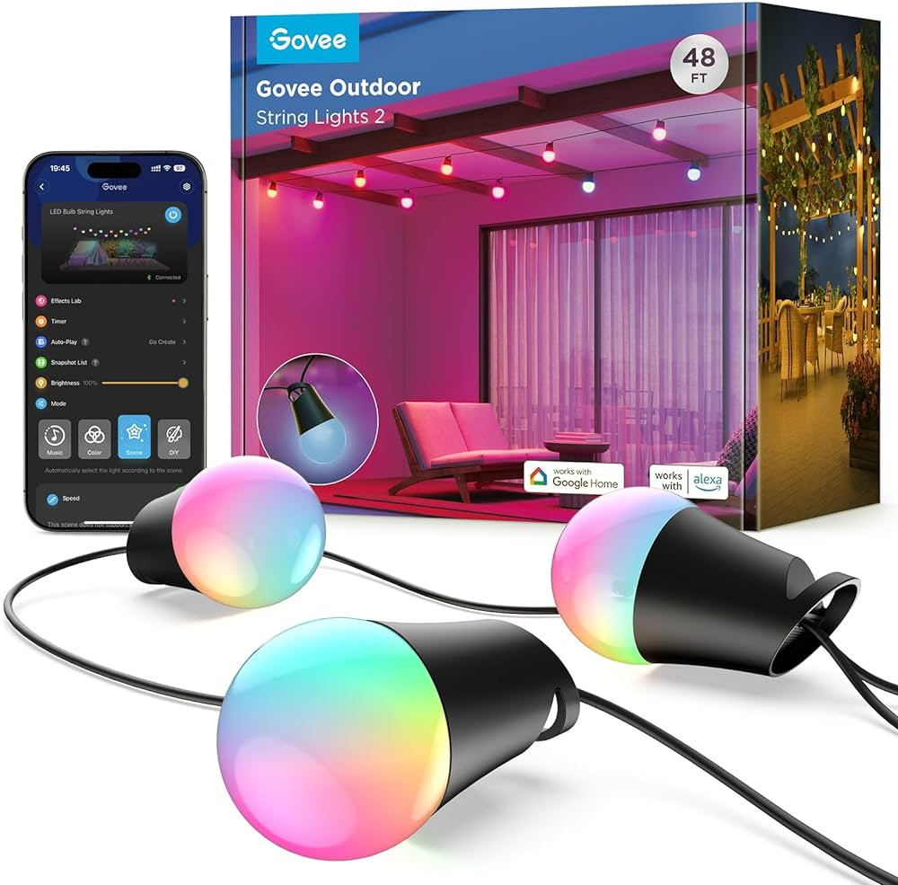 Govee Smart Outdoor String Lights 2, 48ft RGBIC Outdoor Lights with Dimmable Warm White LED Bulbs... | Amazon (US)