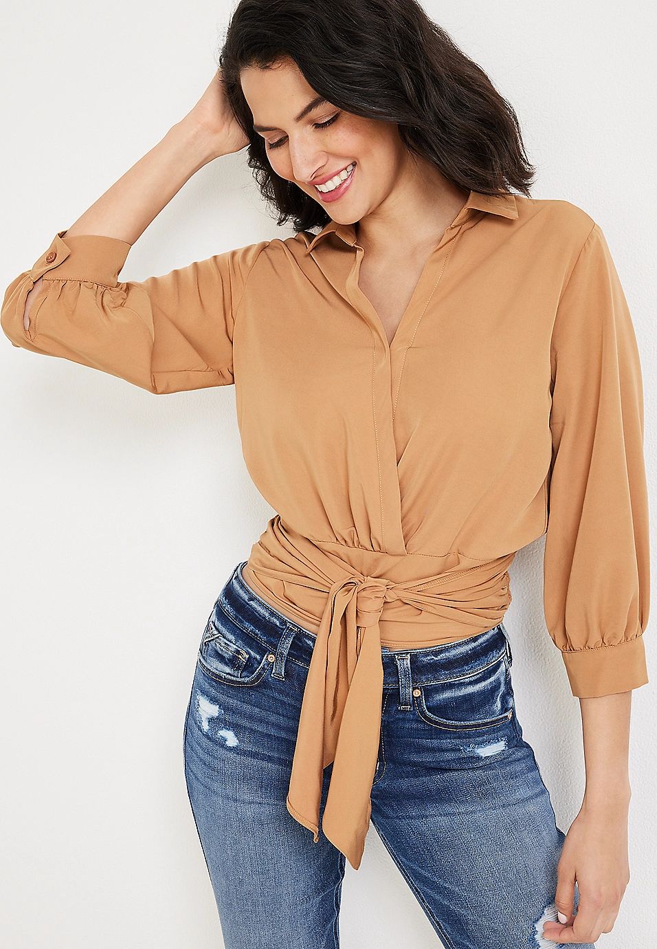 edgely™ Collared Tie Front Top | Maurices