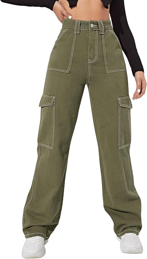 SweatyRocks Women's Casual High Waist Straight Leg Jeans Denim Pants with Pocket | Amazon (US)