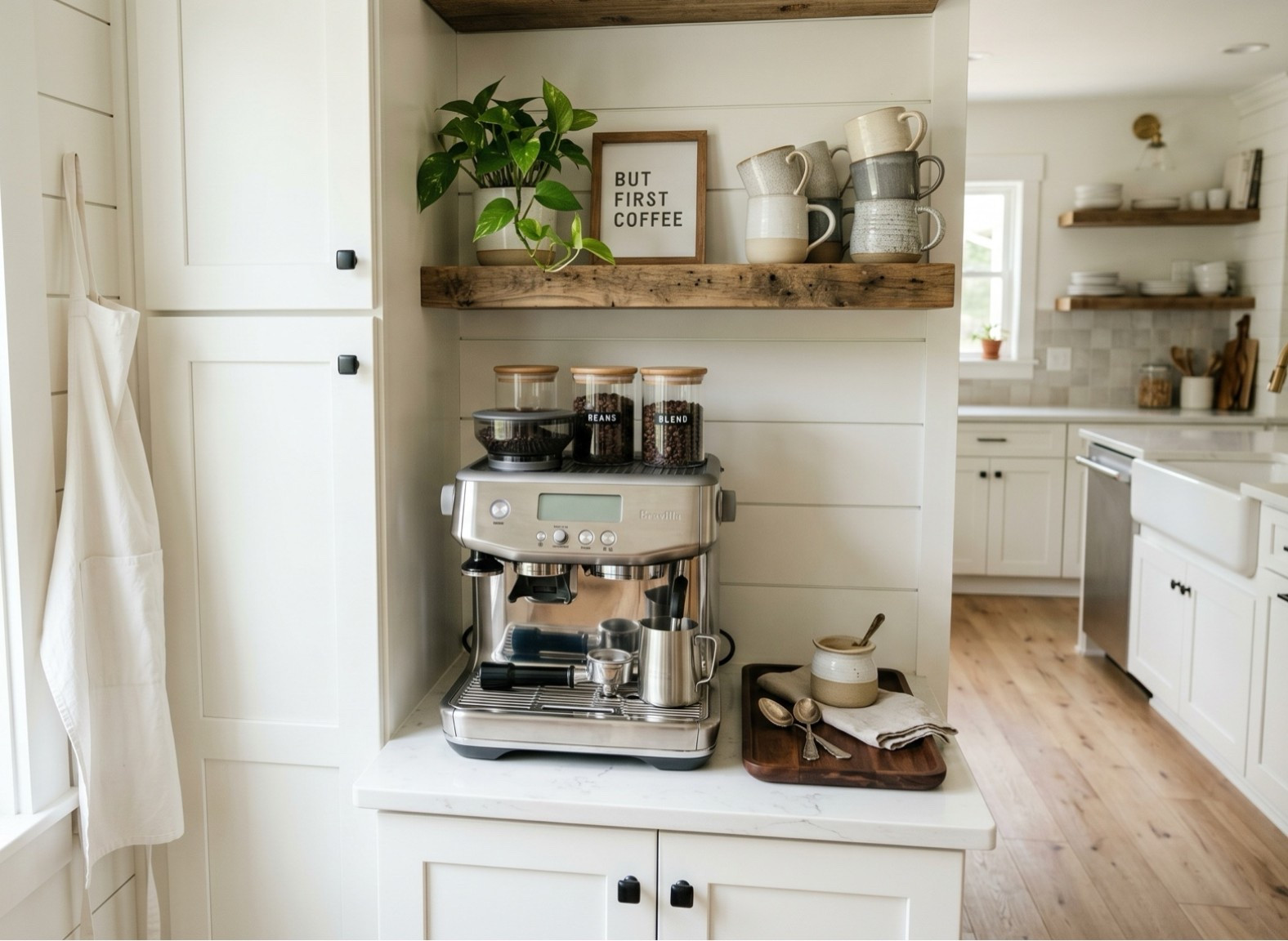My Cozy Farmhouse Coffee Bar — Every Piece Linked

Okay, this little coffee corner has become my favorite spot in the house. Soft morning light, the Breville Barista Pro that makes me feel like a real barista, glass canisters with bamboo lids so the beans actually look pretty on the counter, and the chunky reclaimed wood shelf above that pulls the whole thing together. The stoneware mugs are handmade-style with that perfect imperfect glaze, and the walnut tray holds my sugar pot and spoons so the counter never feels cluttered.
If you've been trying to recreate that warm, slow-morning coffee bar vibe in a small kitchen, every piece is linked here. The espresso machine is the splurge worth saving for, and the rest comes together for way less than you'd think. Tap any image to shop 🤍

#coffeebar #coffeestation #modernfarmhouse #kitchendecor #coffeelover #brevillebaristapro #farmhousekitchen #homedecorfinds #amazonhome #ltkhome #ltkfind #cozyhome

#LTKmorningroutine #LTKfoodie #LTKHome