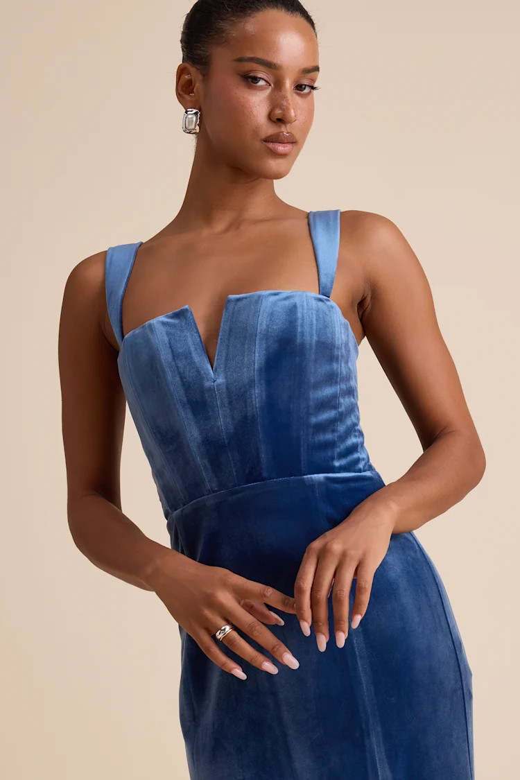 Pristine Luxury Blue Velvet Bustier Maxi Dress | Lulus
