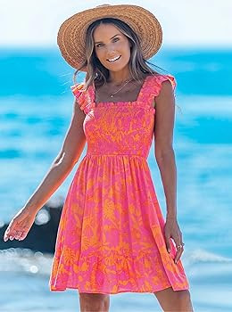 popvil Women Short Dress 2026 Spring Cute A-Line Summer Mini Dress Square Neck Casual Flowy Sleev... | Amazon (US)