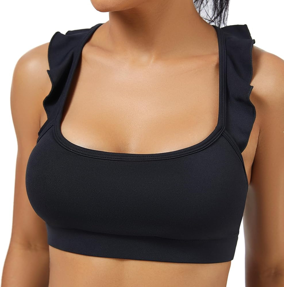 Women's Sports Bras Ruffled Y Back Padded Racerback Supportive Workout Yoga Bra | Amazon (US)