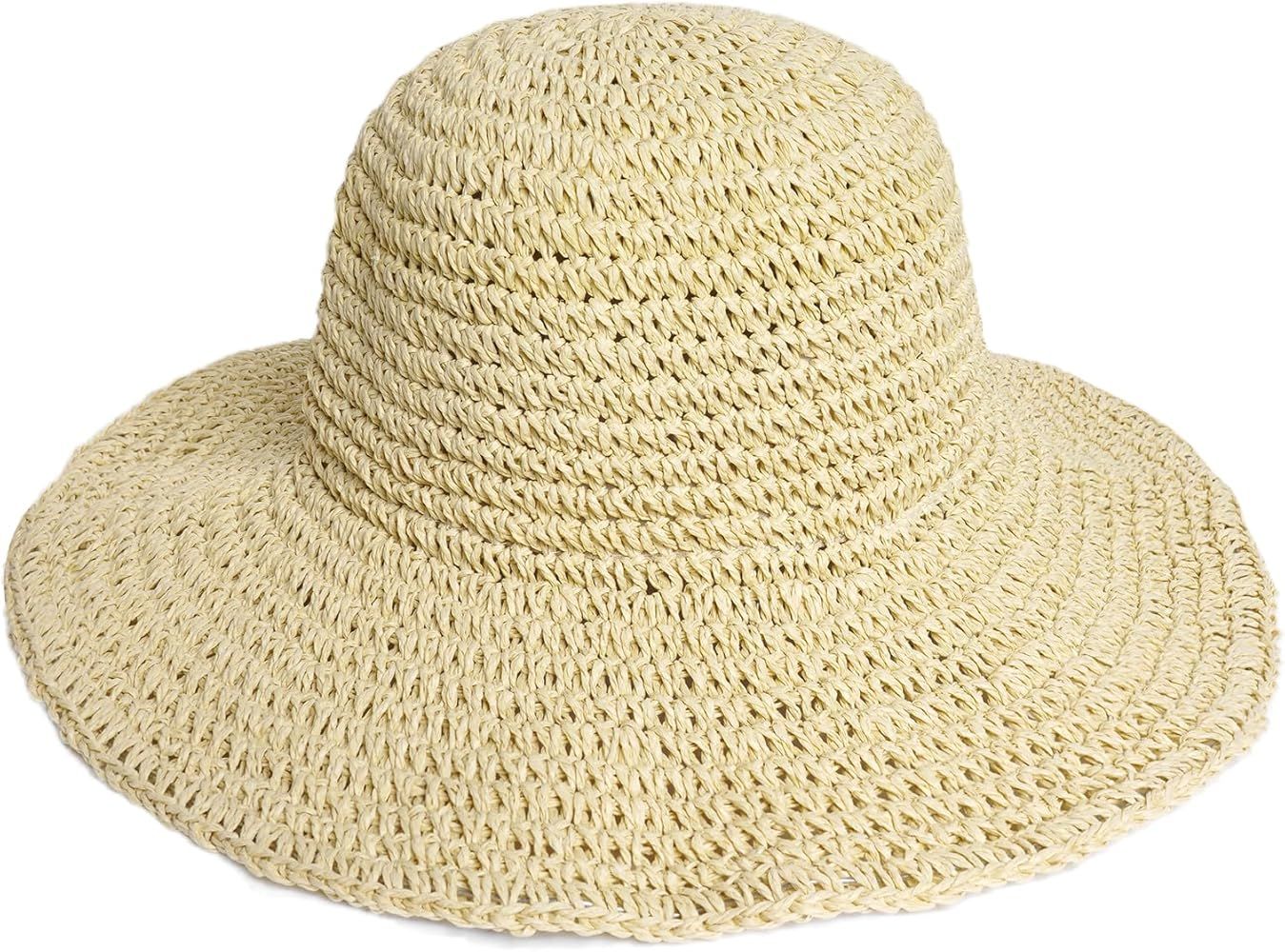 Womens Straw Sun Hat, Foldable Sun Cap Wide Brim Summer Beach Hat Floppy 100% Natural Paper Braid... | Amazon (US)