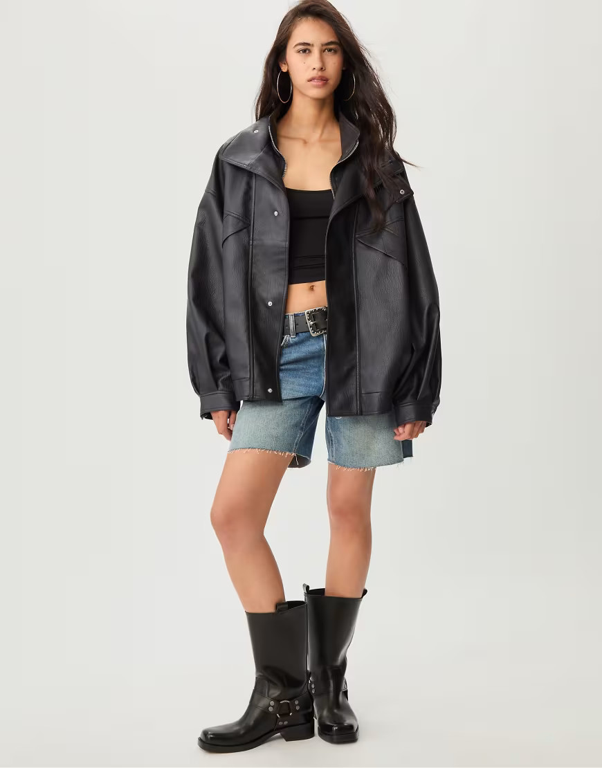 Stradivarius Oversize faux leather jacket in black | ASOS (Global)