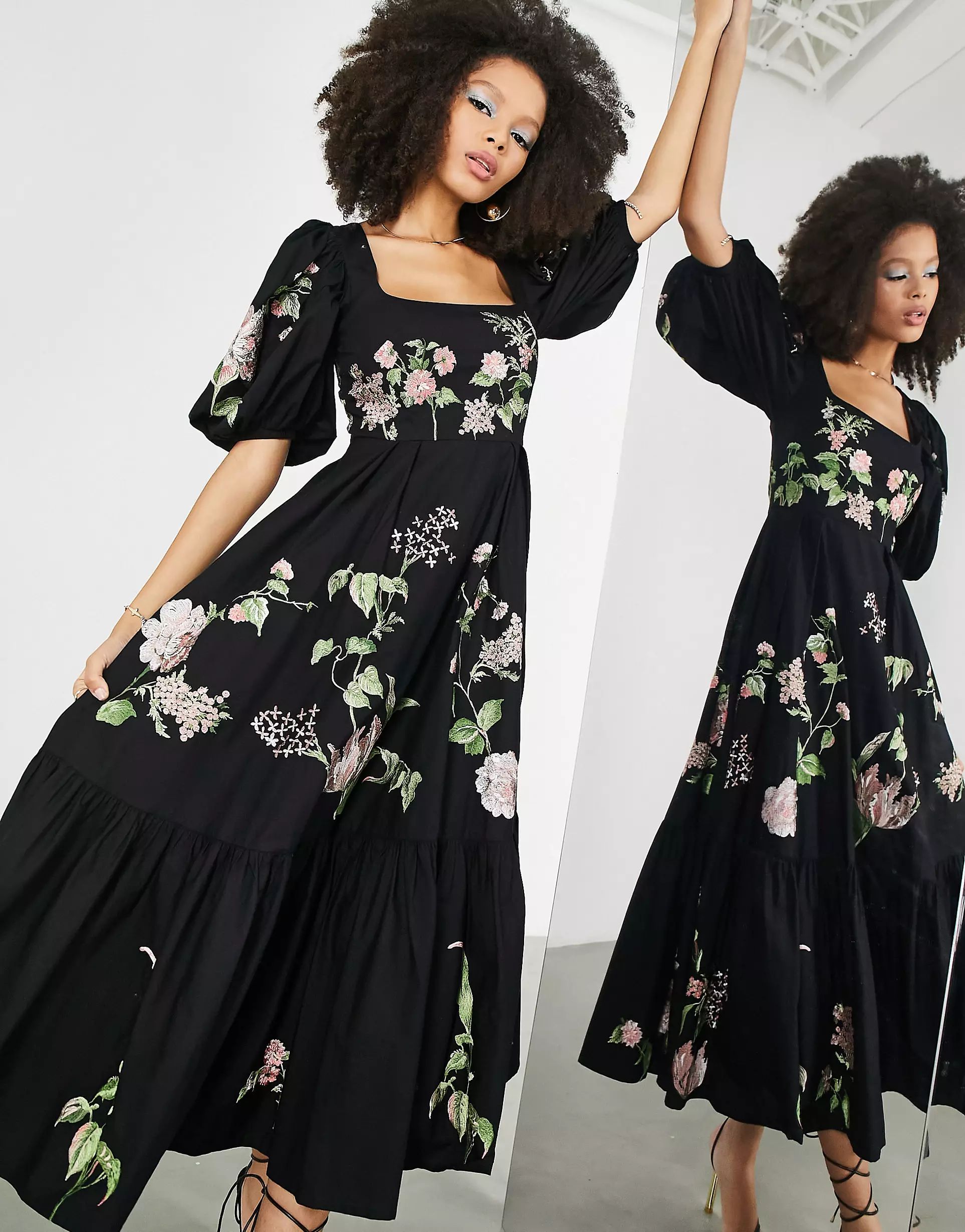 ASOS EDITION wild rose embroidered waisted puff sleeve midi dress in black | ASOS (Global)