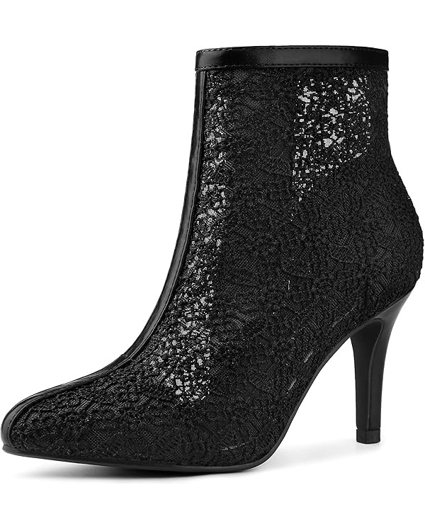 Allegra K Women's Lace Mesh Floral Embroidered Stiletto Heels Ankle Boots | Amazon (US)