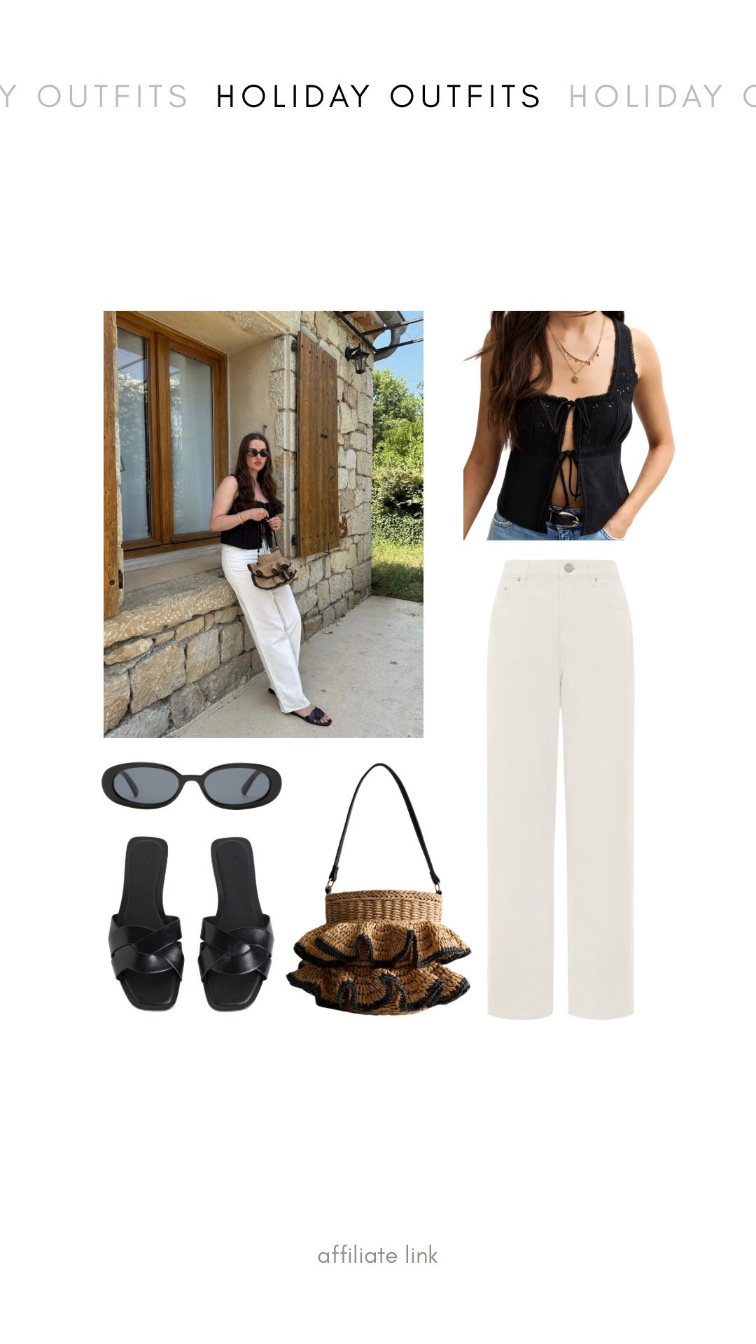 Black & white summer outfit idea - white straight leg jeans, new look black tie front cami top, new look raffia & black frilled bag, H&M black sandals, le specs black sunglasses  

#LTKsummer #LTKstyletip #LTKuk