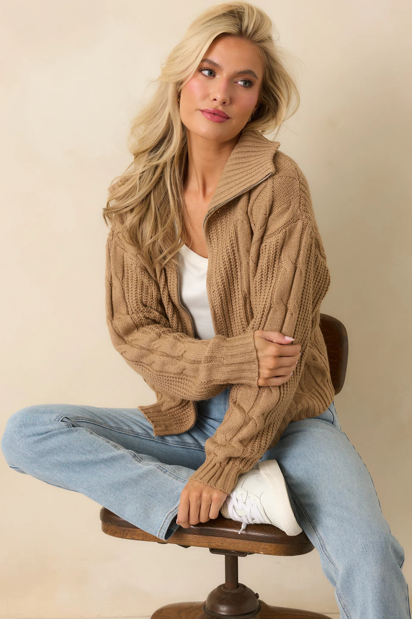 Better Believe It Camel Brown Cable Knit Zip Front Sweater Jacket | Red Dress