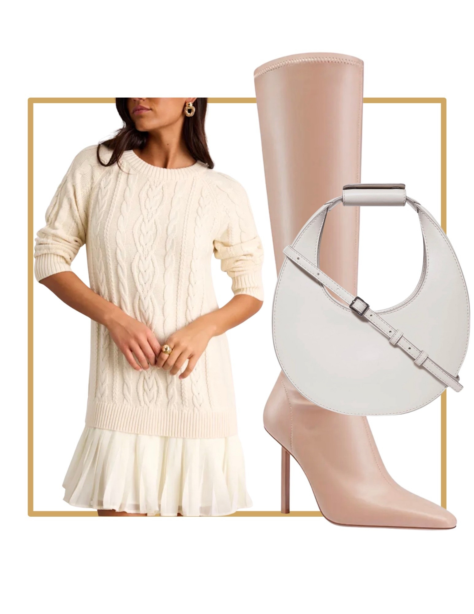 Cream cable knit sweater dress. Beige tan knee high boots. White moon bag purse. Winter casual classy outfit.

#LTKGiftGuide #LTKWorkwear #LTKootd