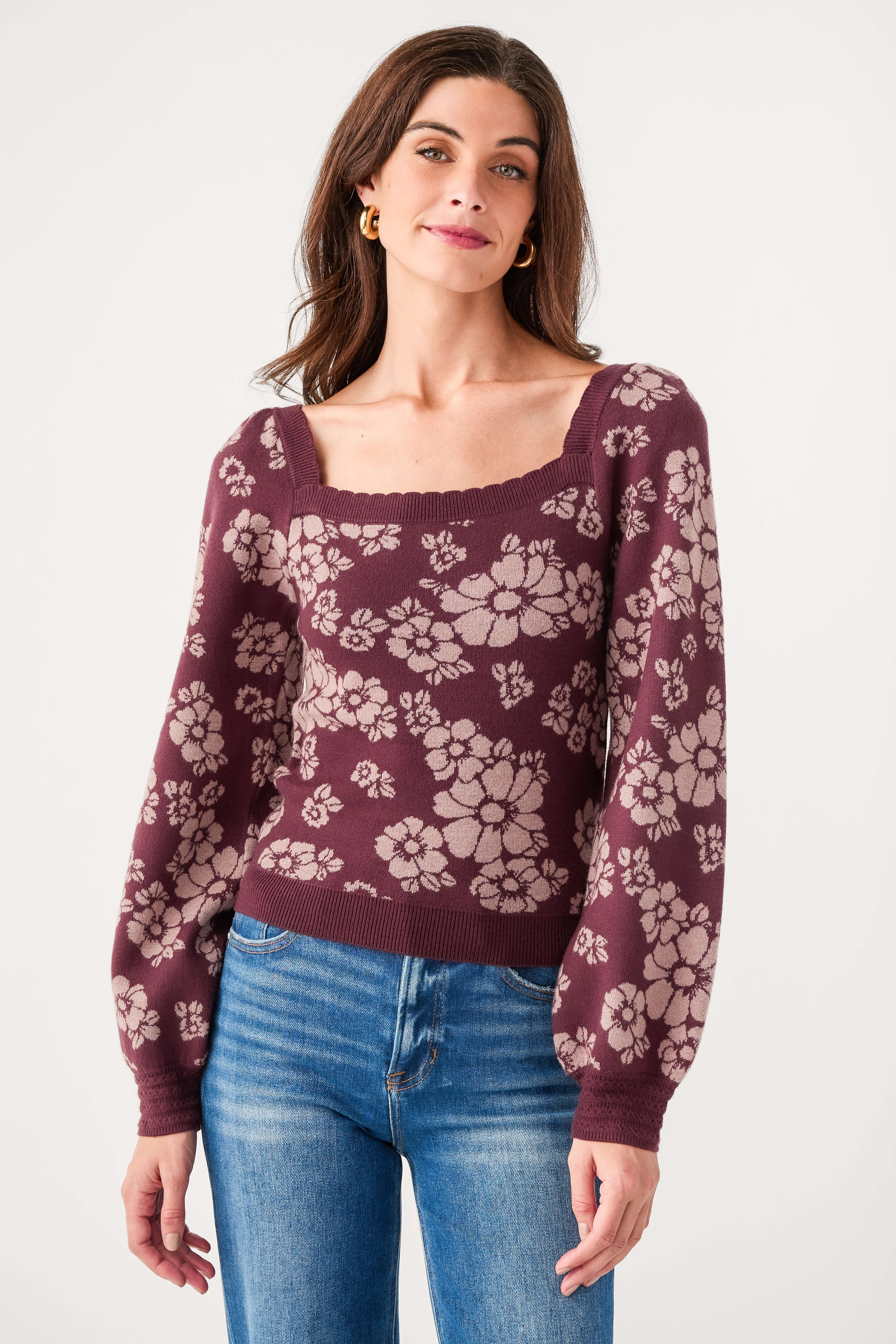 Hem&Thread Floral Square Neck Sweater | Social Threads