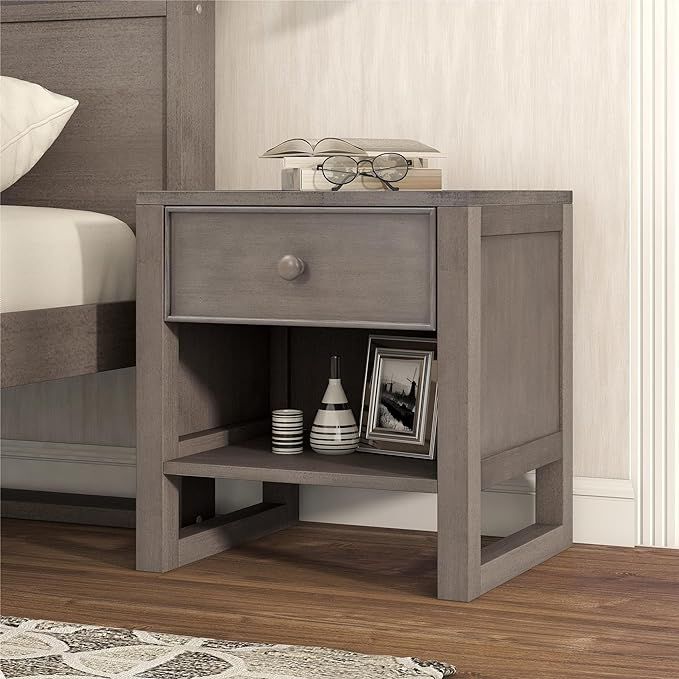 Antique Gray Wooden Nightstand with Drawer and Open Storage-Versatile End Table for Bedroom | Amazon (US)