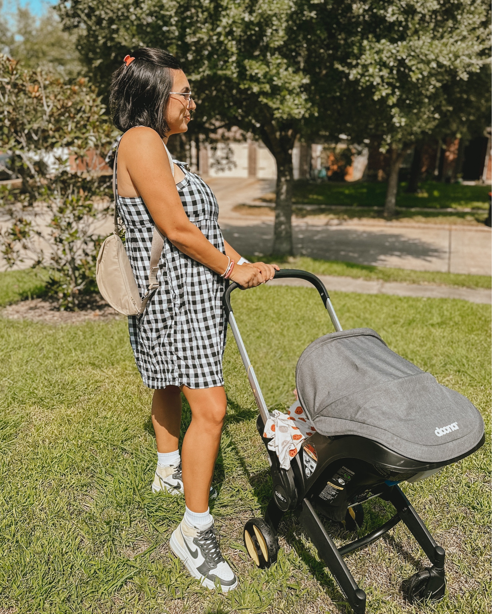 Weekend outfit / travel outfit 

Belt bag 
Stroller / car seat /compact stroller 
Hair clips
Gingham dress - sharing similar ones
Nike
Crew socks 
Baby blanket 

Mom style 
Baby must haves 

#LTKshoecrush #LTKbaby #LTKunder100
