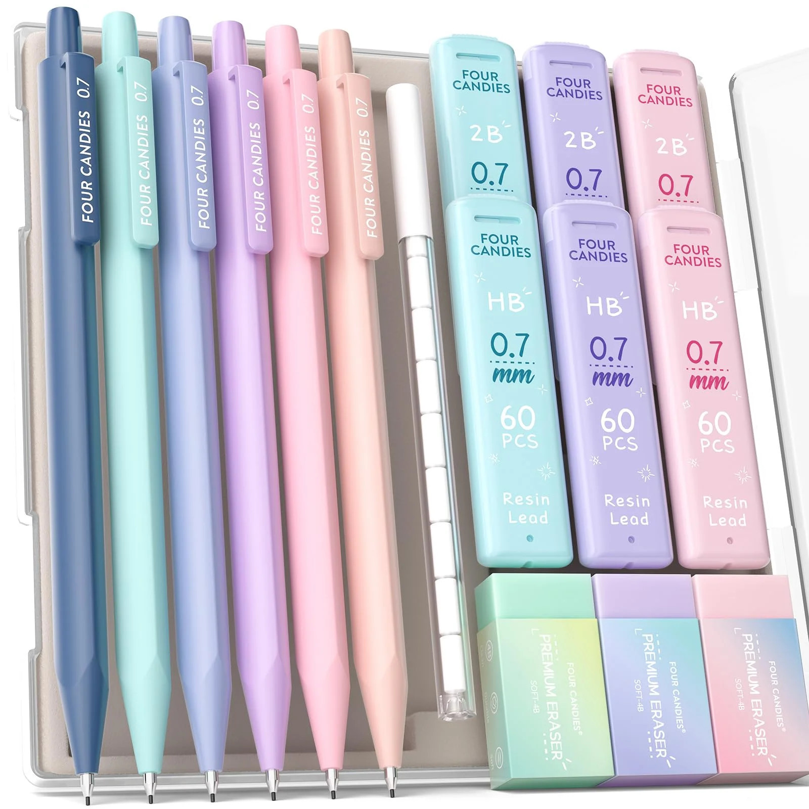 Four Candies Mechanical Pencils 0.7mm, with HB & 2B Lead Refills 0.7, Pastel Eraser Set & Eraser ... | Walmart (US)