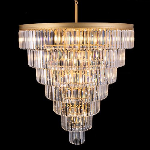TOCHIC Large Crystal Chandelier for High Ceiling, 40-inch 7-Tier Modern Gold Crystal Chandeliers Lighting Fixture, Raindrop K9 Round Light for Entryway Staircase Foyer Living Bedroom Dining Room | Amazon (US)