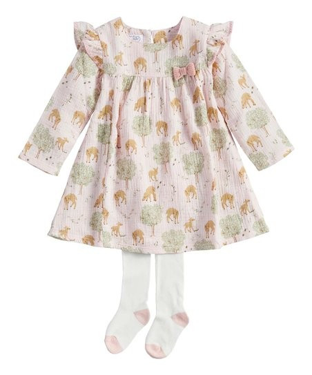 Pink Deer Babydoll Dress & White Tights - Infant & Toddler | Zulily