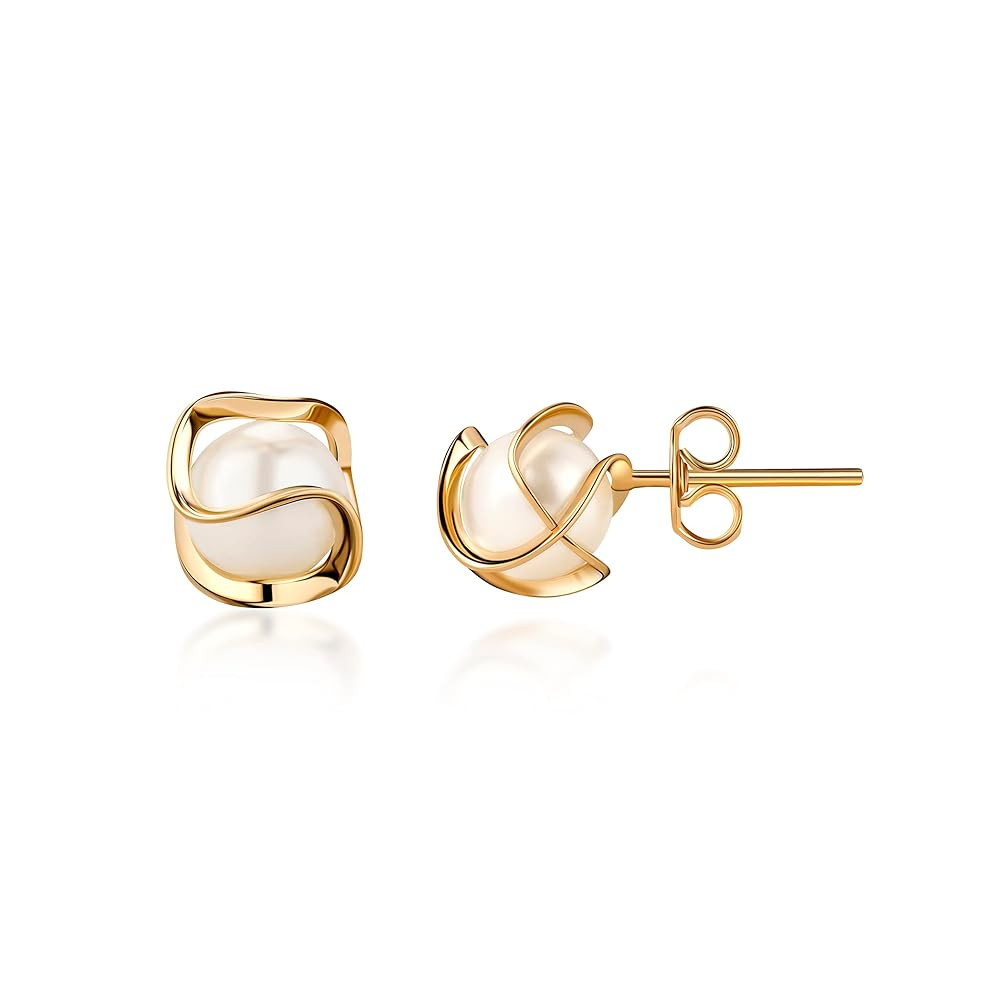 Barzel 18K Gold Plated Caged Pearl Stud Earrings, 6MM - Made In Brazil | Amazon (US)