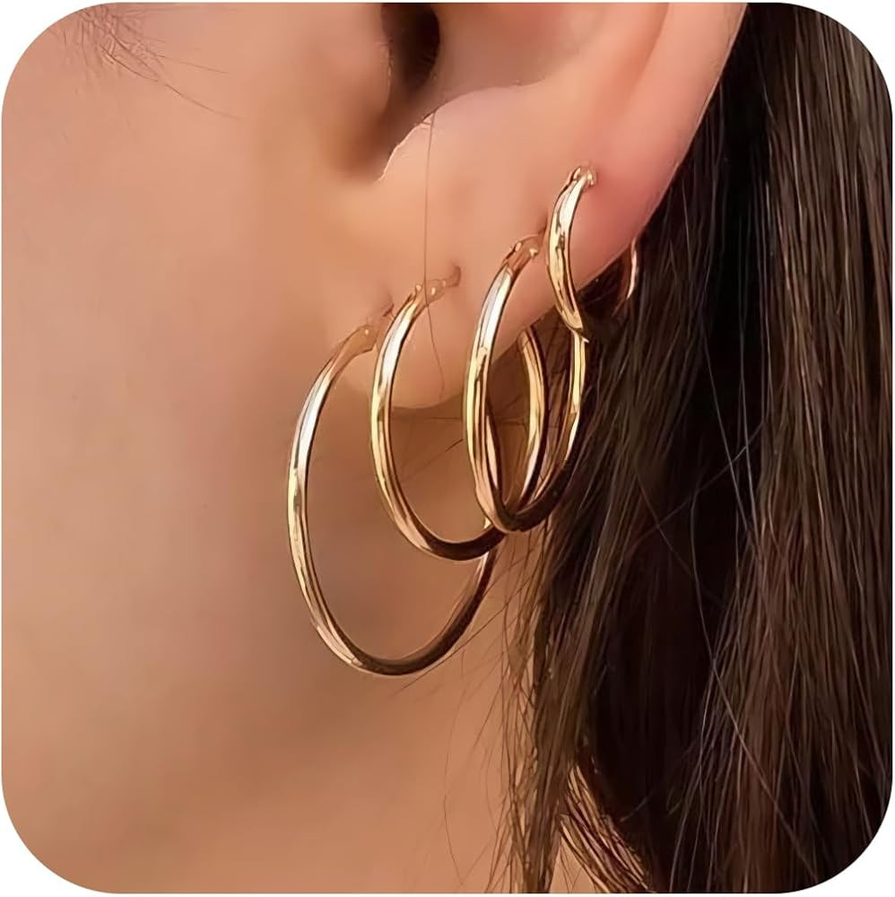 Amazon.com: Gold Hoop Earrings Set for Women,14k Gold Plated Gold Hoops with Sterling Silver Post... | Amazon (US)