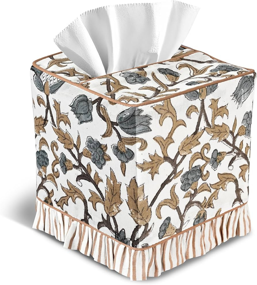 CPC Autumn Vine Hand Block Print Cotton Square Ruffle Tissue Box Cover | Amazon (US)