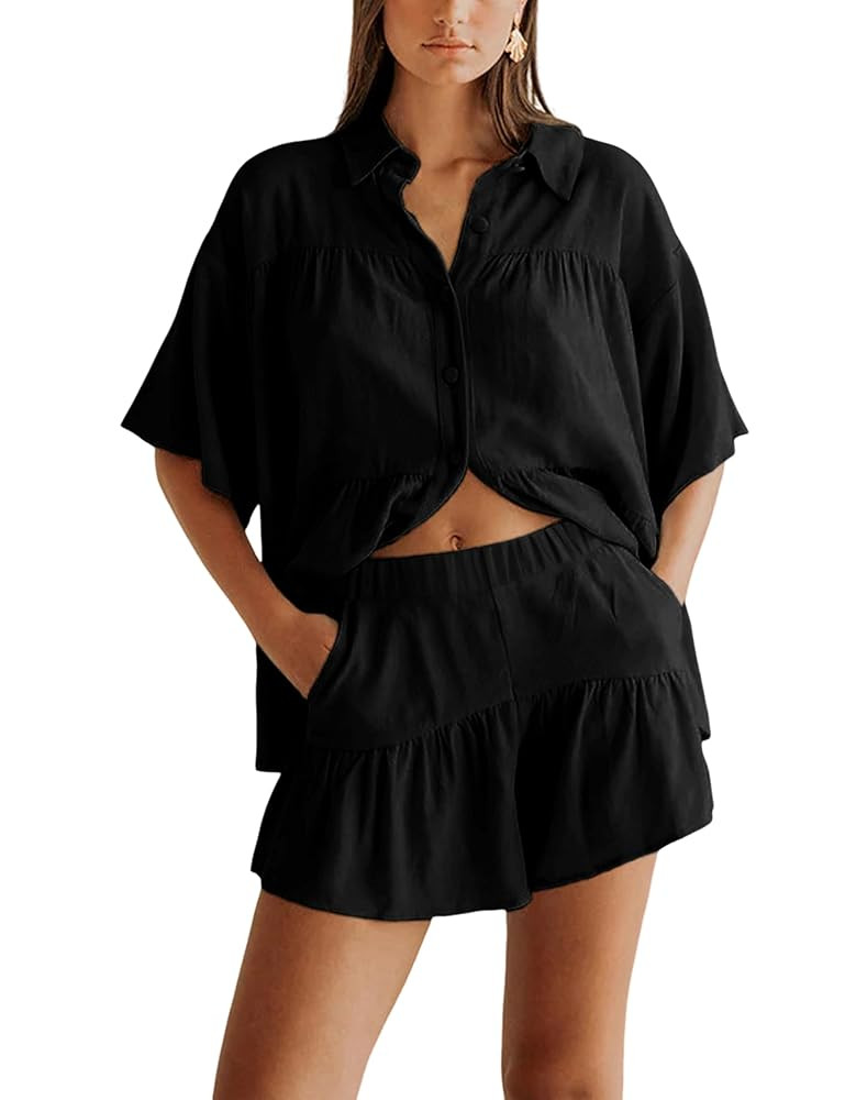 Qiaomai Womens 2 Piece Outfits Summer Ruffled Shirt and High Waist Shorts Matching Set | Amazon (US)