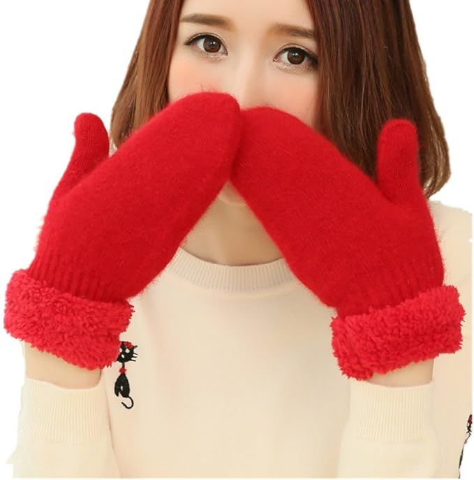 Winter Thicken Warmer Women Gloves Knitted Wool Plush Full Finger Mittens | Amazon (US)