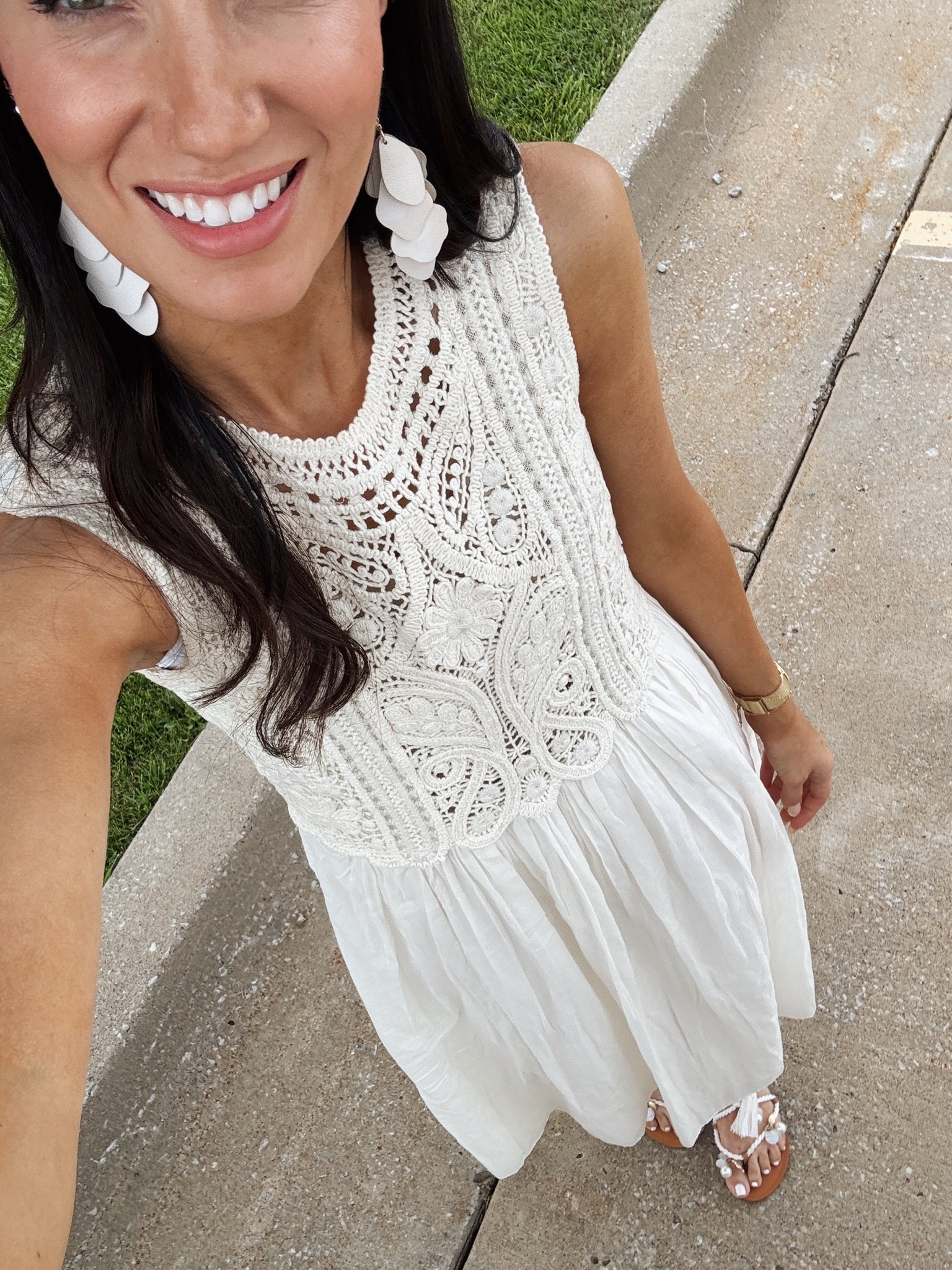 The most beautiful crochet detail dress from @Zara - earrings are super lightweight from @Nickel & Suede