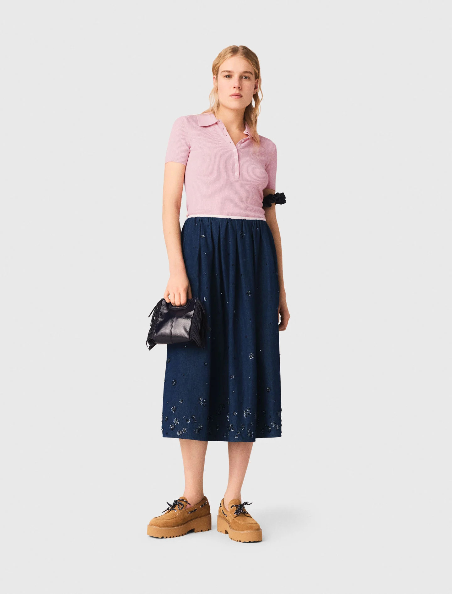 Embroidered denim midi skirt Blue for Women | Maje | Maje US