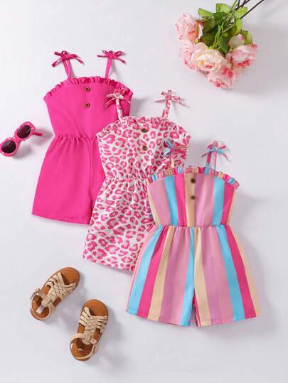 Sparklyn 3pcs/Pack Young Girl Spaghetti Strap Bow Frill Trim Romper, Waist Cinched Summer Jumpsui... | SHEIN