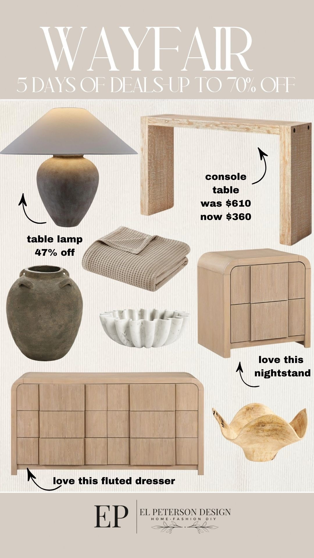 Wayfair
Last day 
5 days of deals-up to 70% off
Console table
Blanket
Table lamp
Nighstand
Dresser drawers
Bowl
Vase

#LTKSaleAlert #LTKHome