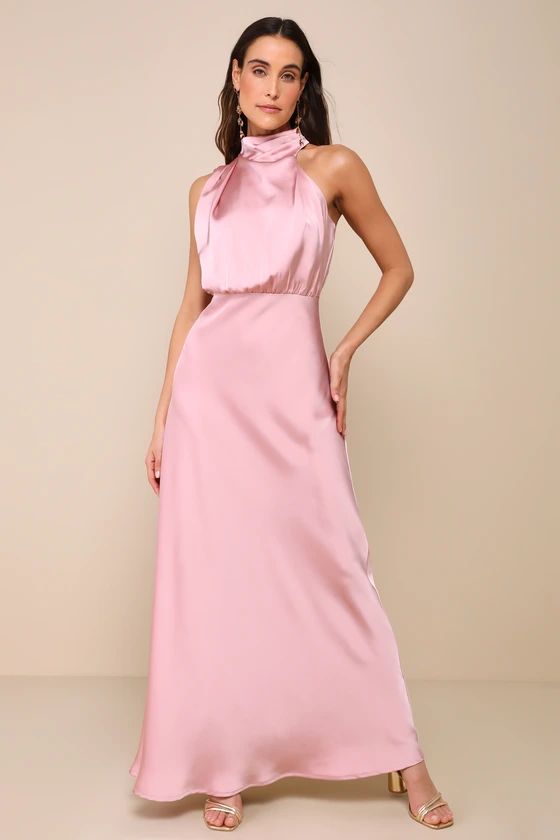 Distinctive Charm Dusty Pink Satin Asymmetrical Maxi Dress | Lulus