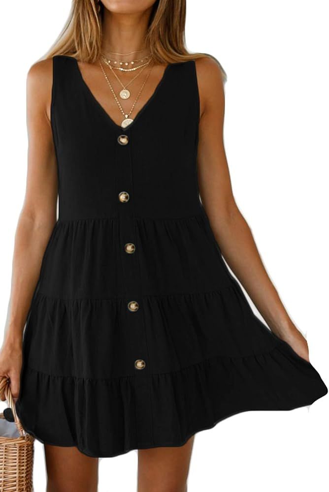 Halife Women's Button Front Dress Summer Sleeveless V-Neck Pleated Swing Dresses | Amazon (US)