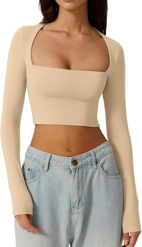 QINSEN Women's Sexy Square Neck Crop Top Long Sleeve Slim Fit Cropped T Shirts | Amazon (US)