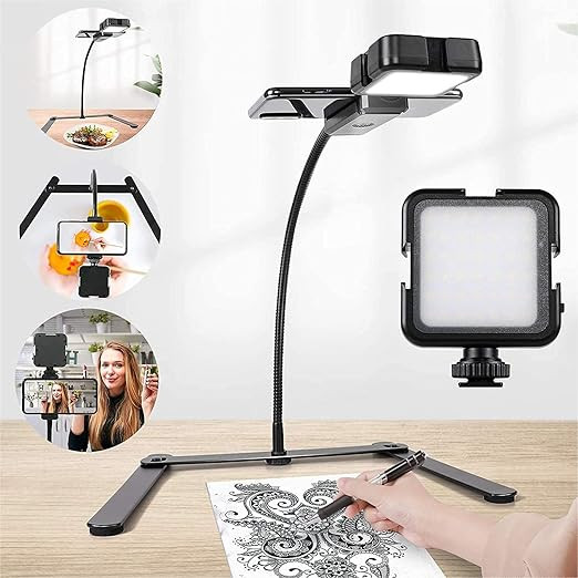 Overhead Phone Mount, Ajustable Tripod with Cellphone Holder and Led Light/Table Top Teaching Onl... | Amazon (US)