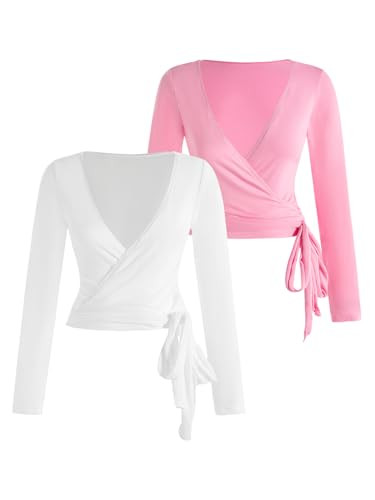 SweatyRocks Women's Pilates Outfits Wrap Tops Ballet Yoga Coquette Shirt Cute Long Sleeve Workout Activewear Pink and White Medium | Amazon (US)