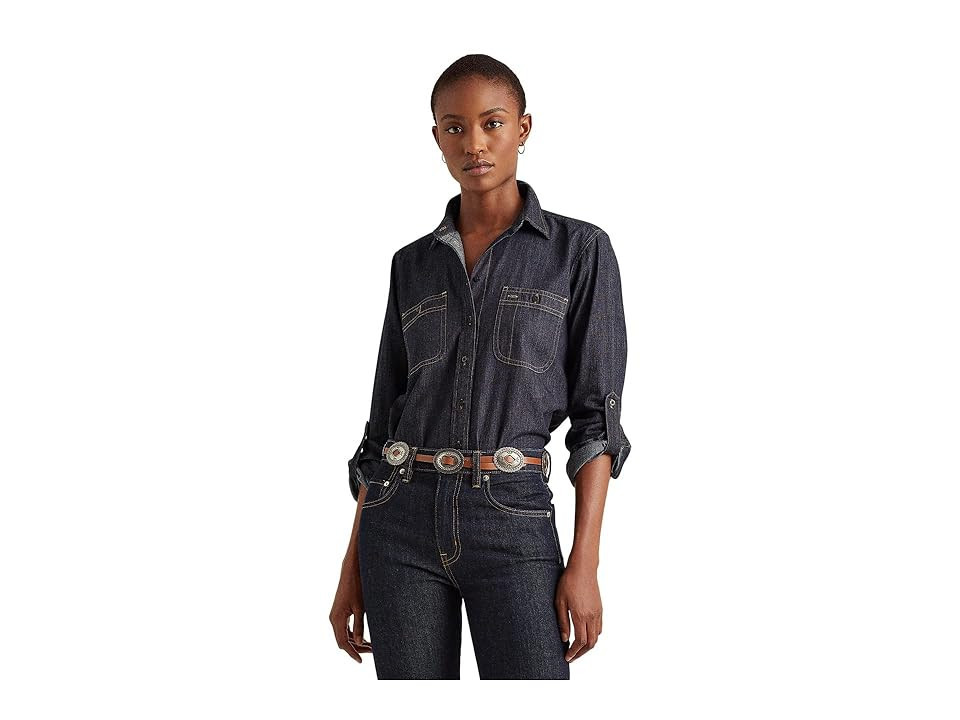Lauren Ralph Lauren Denim Shirt Women's Clothing Dark Rinse Wash : XS, Cotton/Denim | Zappos