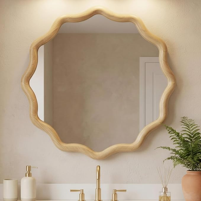 Vercraft 24 Inch Scalloped Wooden Bathroom Round Circle Mirror for Wall, Boho Wavy with Tempered ... | Amazon (US)