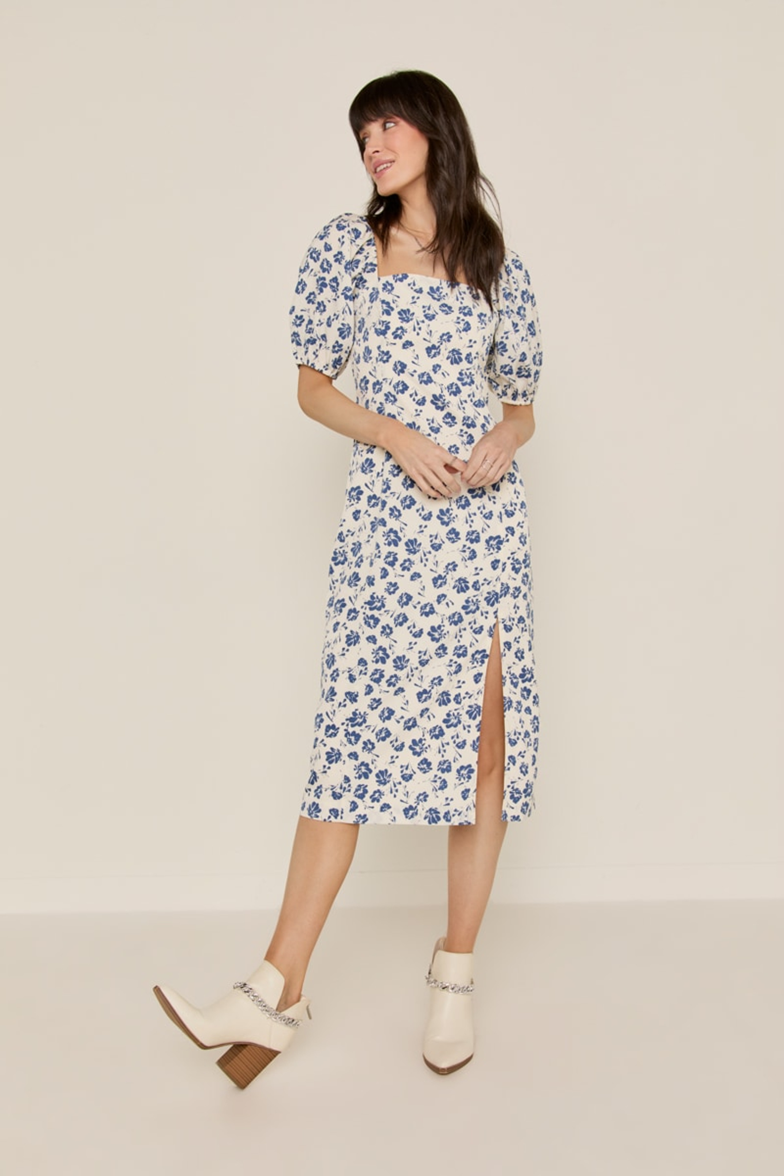 Natasha Puff Sleeve Side Slit Midi Dress | Francesca's