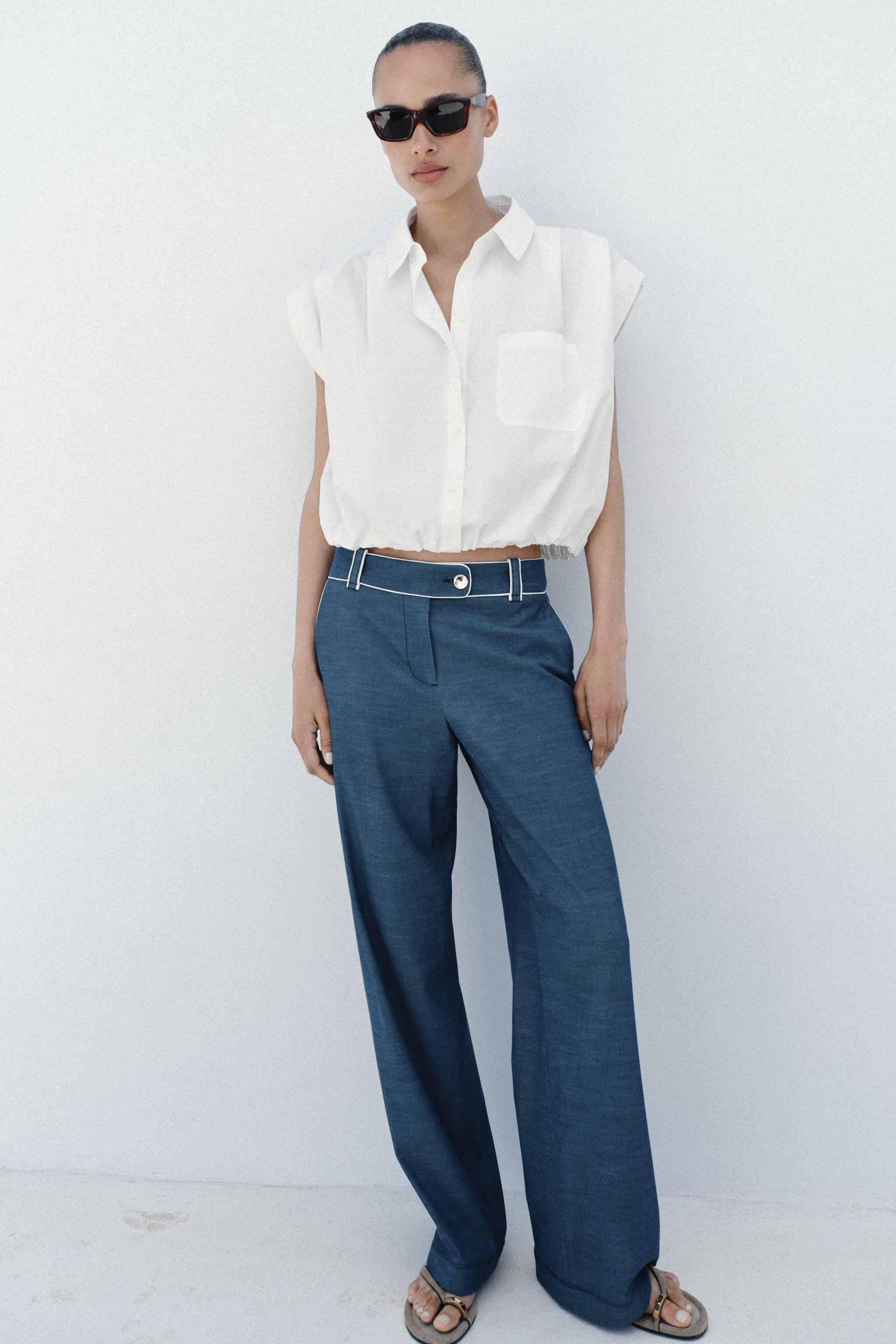 CONTRASTING PIPING WIDE LEG PANTS | Zara US