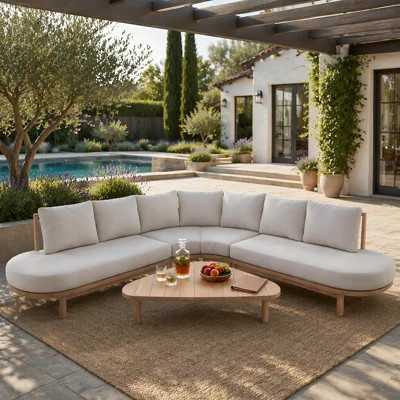Curved Outdoor Sectional Sofa Set with Water Repellent Cushions and Sturdy Acacia Wood Frame, Ideal for Patio, Garden, and Poolside Relaxation | Wayfair North America