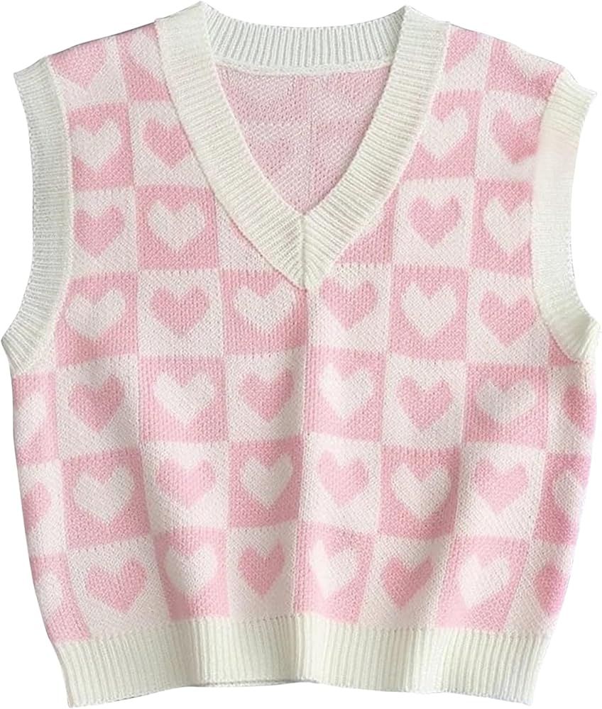SAFRISIOR Women Cute Heart Checker Print Sweater Vest V Neck Color Block Sleeveless Pullover Knit... | Amazon (US)