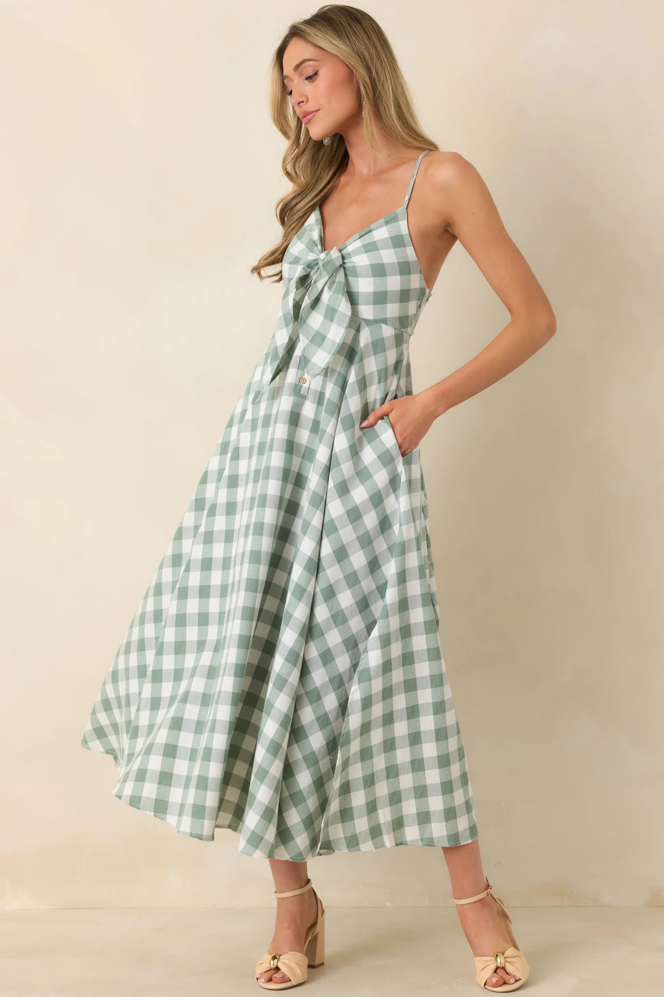 Meet Me in the Meadow Green Checked Cotton Lace Back Midi Dress | Red Dress