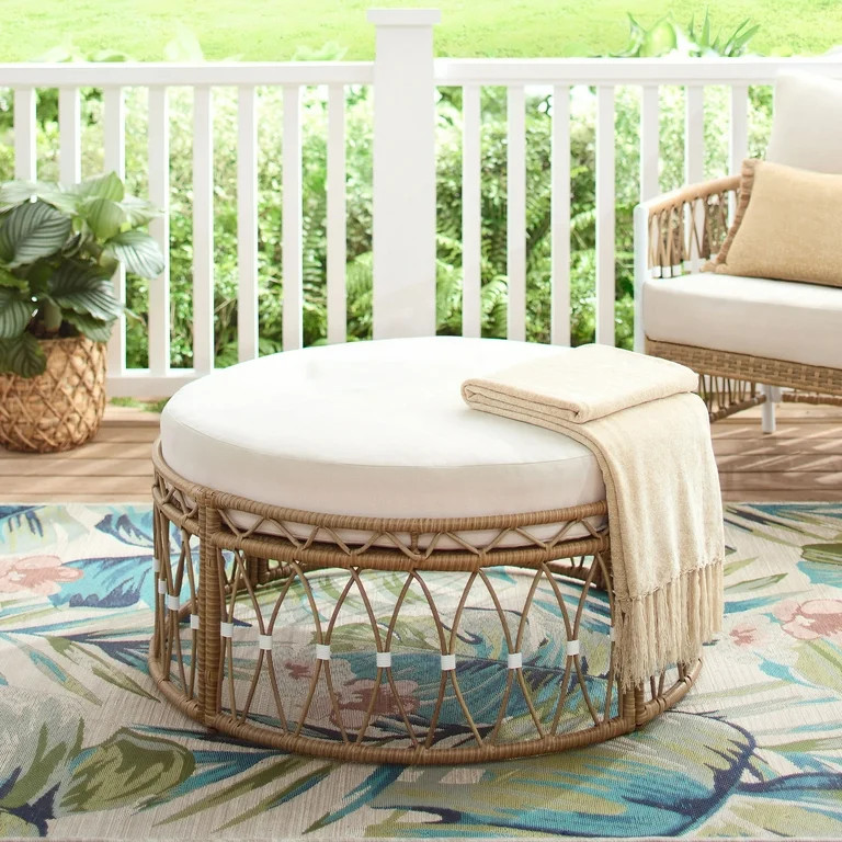 Better Homes & Gardens Lilah Outdoor Wicker 36" Round Ottoman, White | Walmart (US)